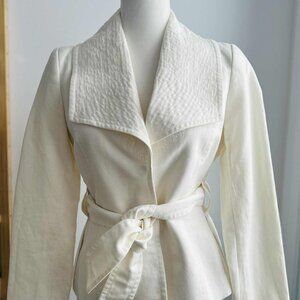 Zara Ivory Quilted-Collar Linen-Cotton Blend Belted & Lined Jacket – US M